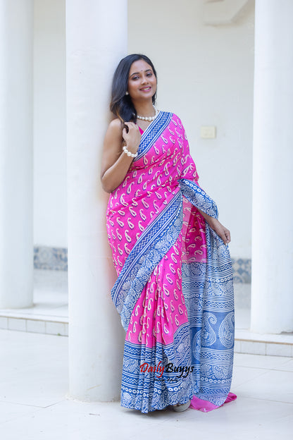Pink Block Printed Silk Mark Certified Bishnupuri Silk Sarees