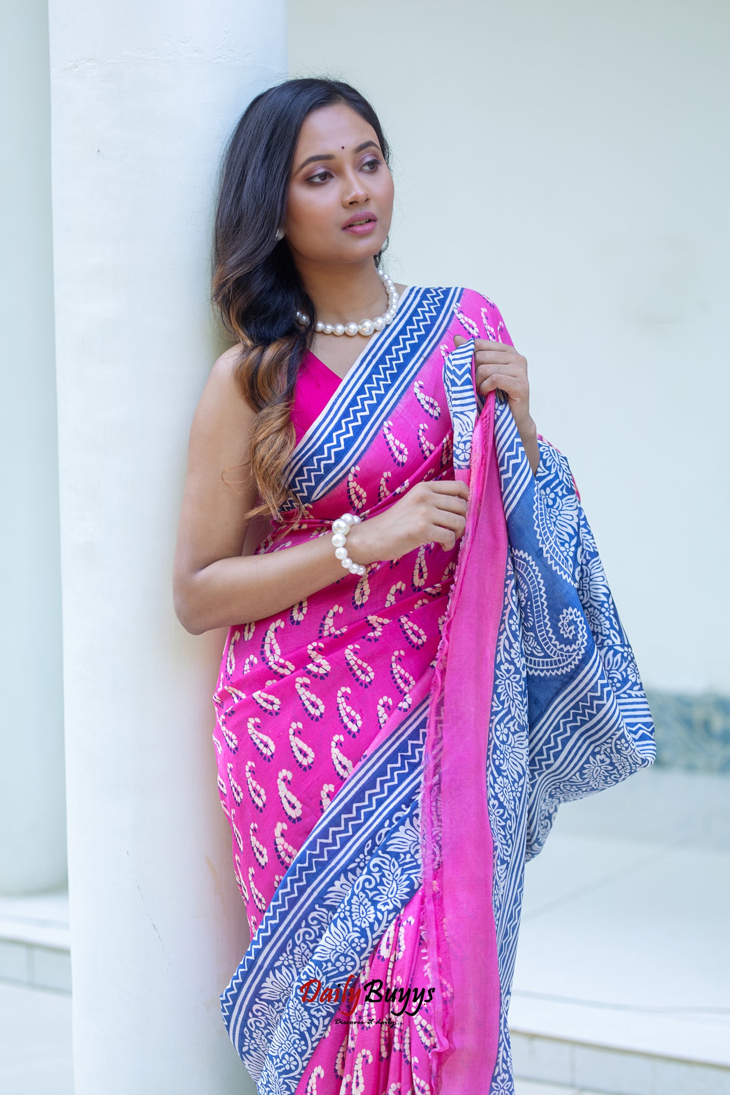 Pink Block Printed Silk Mark Certified Bishnupuri Silk Sarees