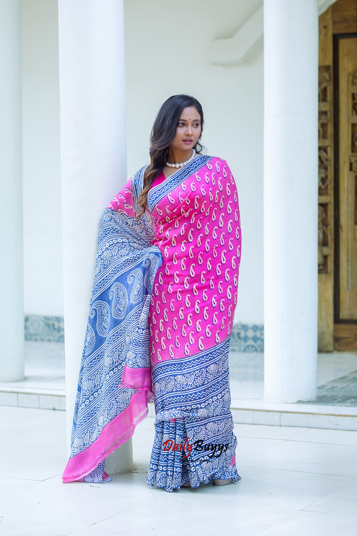 Pink Block Printed Silk Mark Certified Bishnupuri Silk Sarees