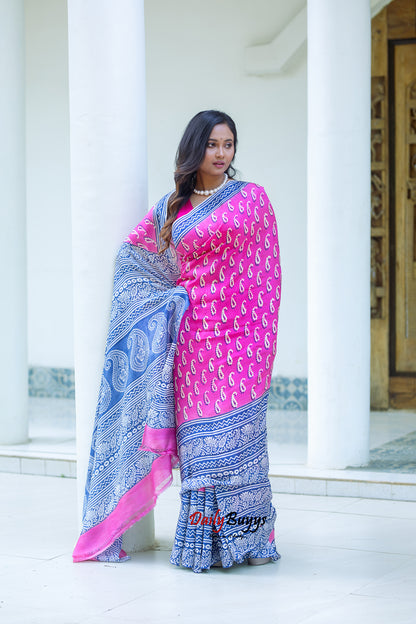 Pink Block Printed Silk Mark Certified Bishnupuri Silk Sarees