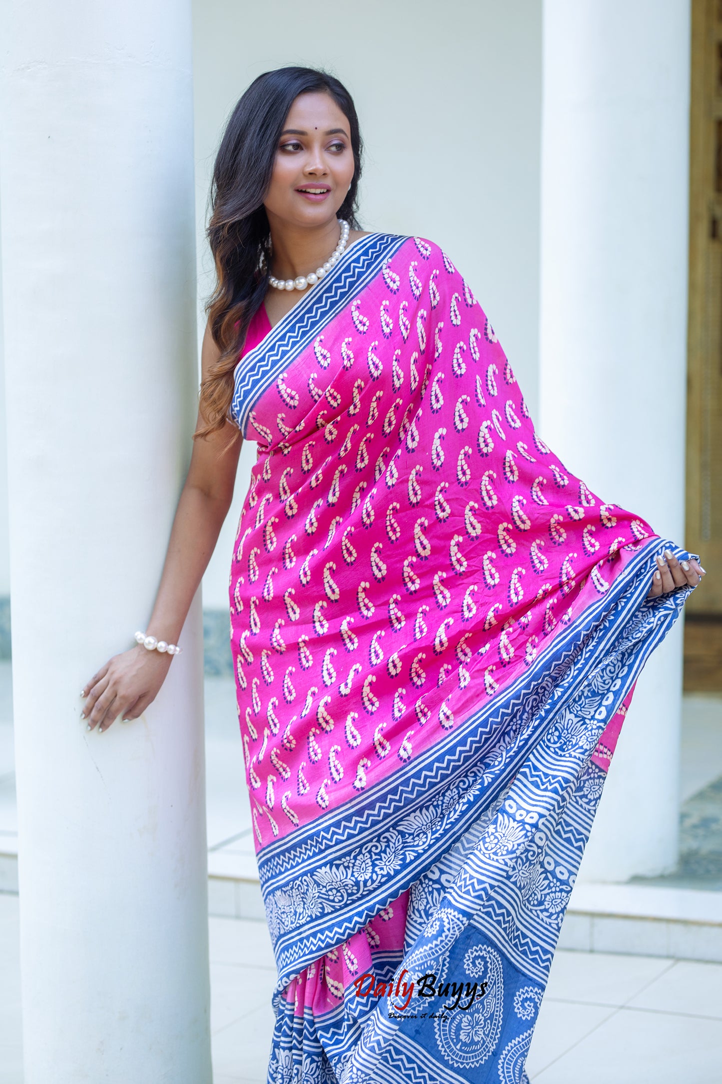 Pink Block Printed Silk Mark Certified Bishnupuri Silk Sarees