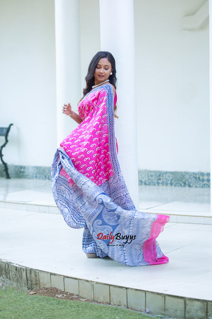 Pink Block Printed Silk Mark Certified Bishnupuri Silk Sarees