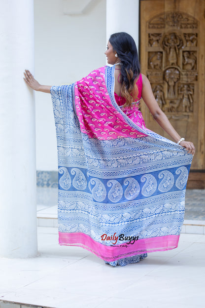 Pink Block Printed Silk Mark Certified Bishnupuri Silk Sarees