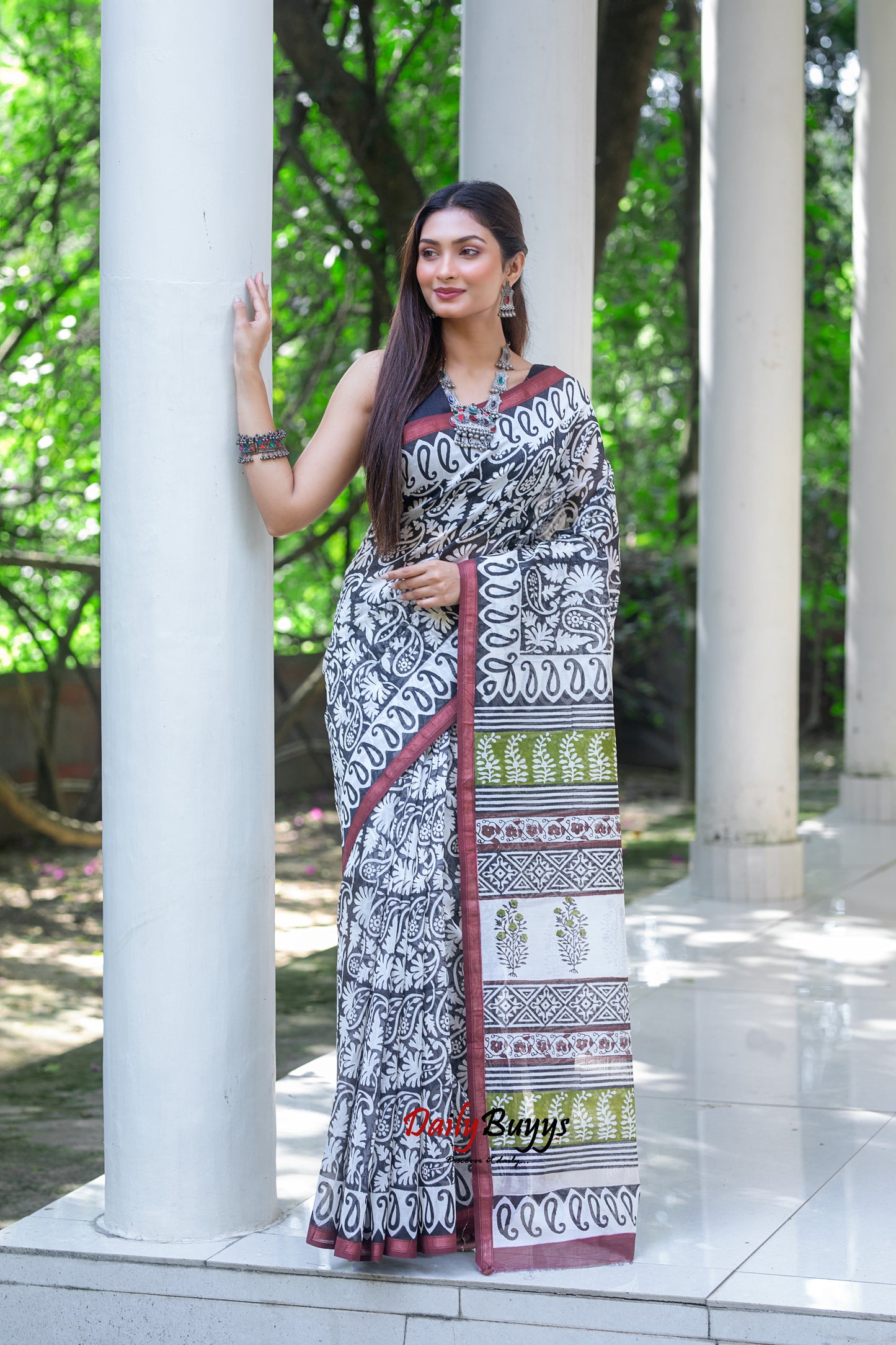 Black Block Printed Pure Chanderi Silk Sarees