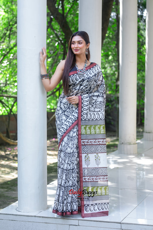Black Block Printed Pure Chanderi Silk Sarees