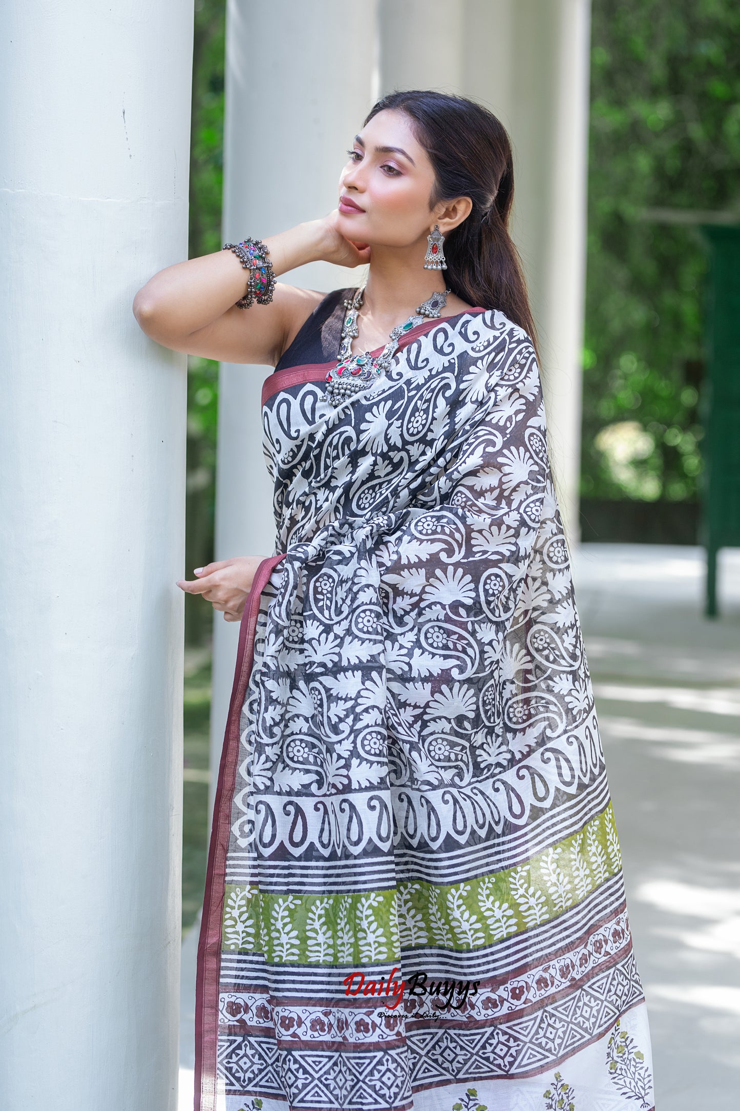 Black Block Printed Pure Chanderi Silk Sarees