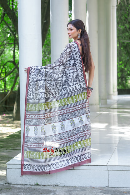 Black Block Printed Pure Chanderi Silk Sarees