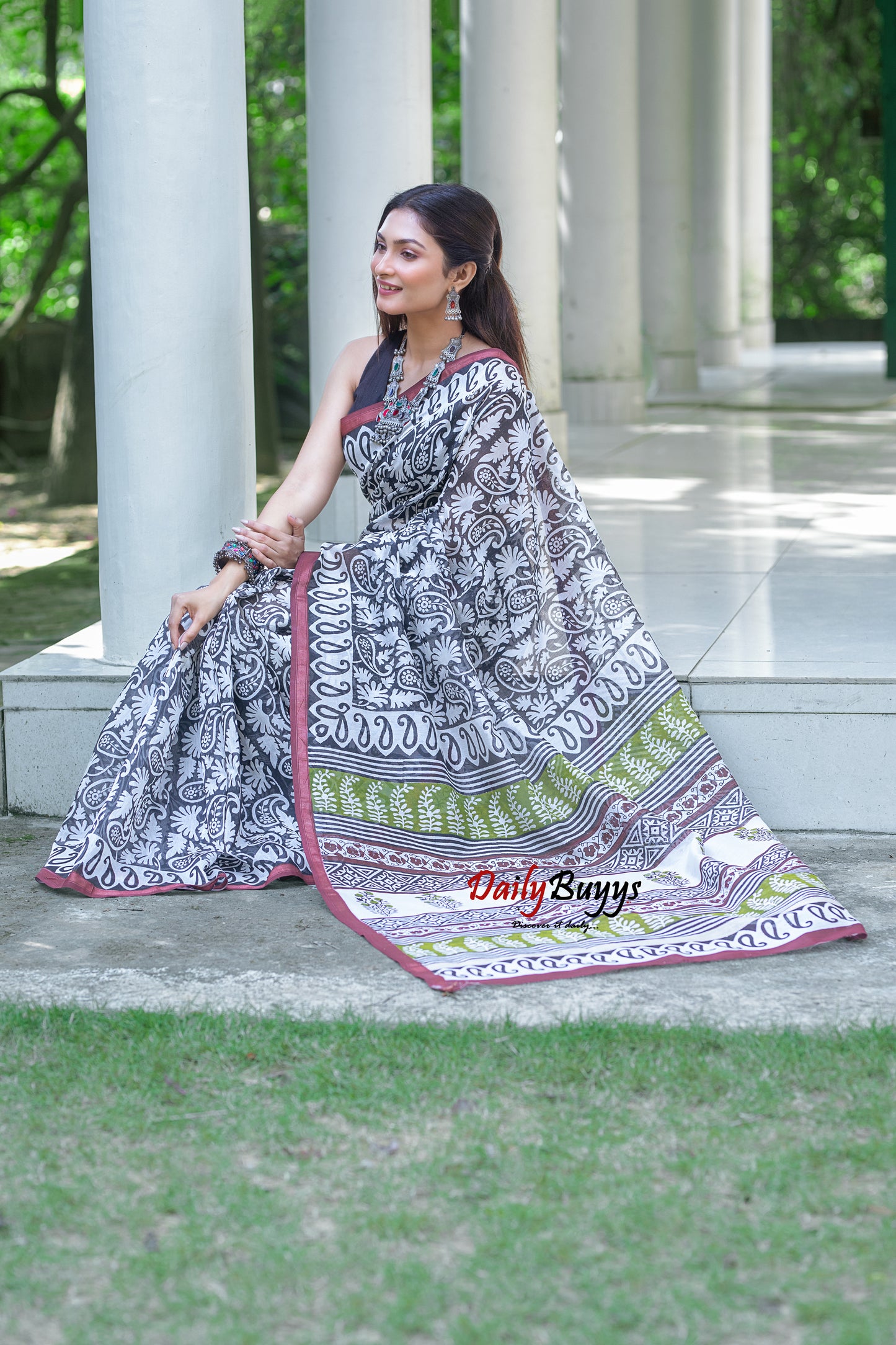 Black Block Printed Pure Chanderi Silk Sarees