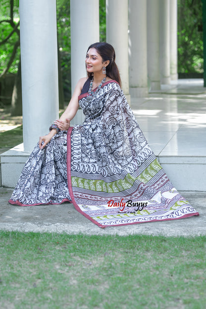 Black Block Printed Pure Chanderi Silk Sarees