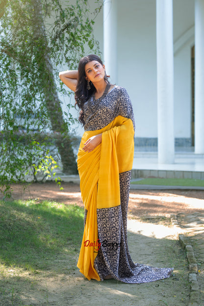 Yellow Block Printed Silk Mark Certified Bishnupuri Silk Sarees