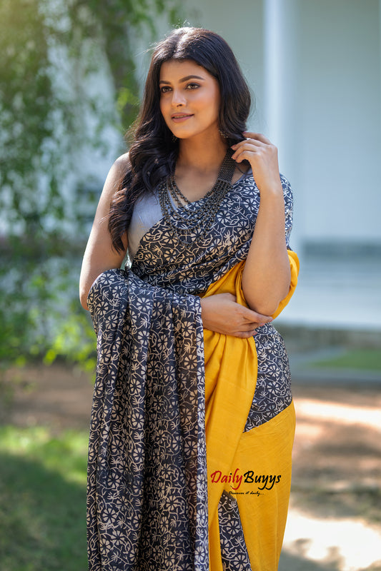 Yellow Block Printed Silk Mark Certified Bishnupuri Silk Sarees