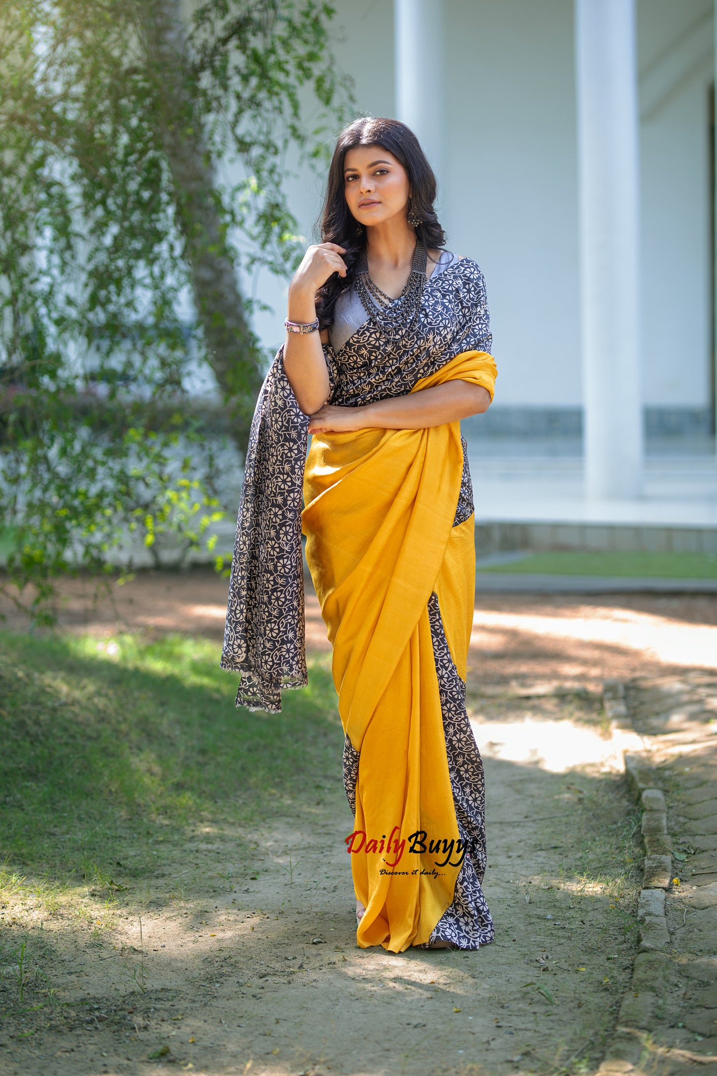 Yellow Block Printed Silk Mark Certified Bishnupuri Silk Sarees
