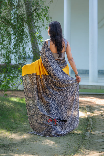 Yellow Block Printed Silk Mark Certified Bishnupuri Silk Sarees