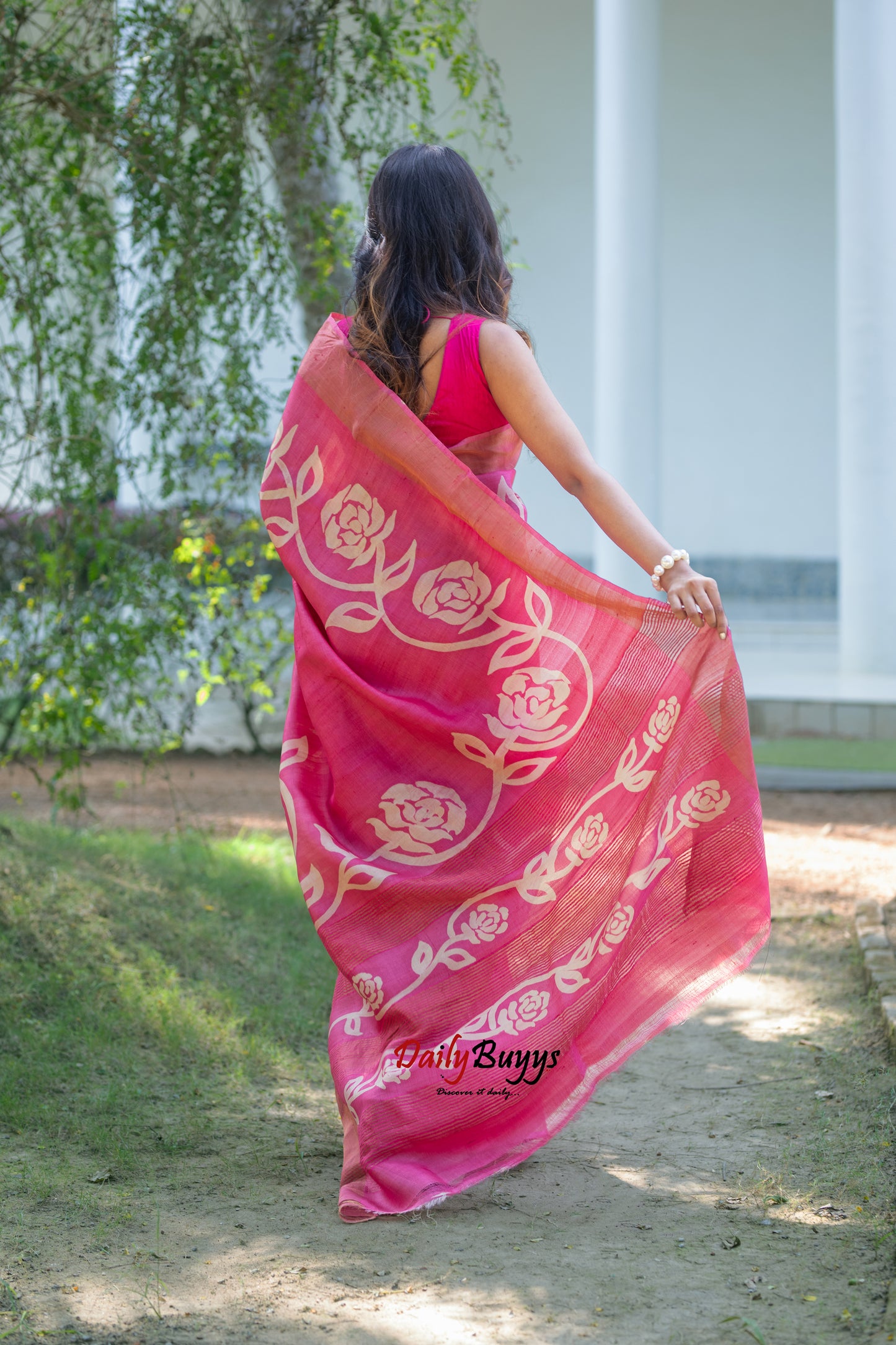 Pink Wax Hand Painted Pure Silk Mark Certified Tussar Silk Sarees