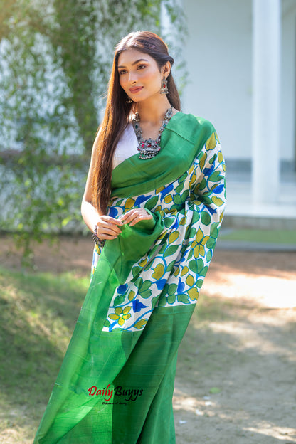 Green Floral Hand Painted  Silk Mark Certified Bishnupuri Silk Sarees