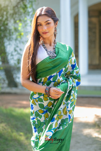 Green Floral Hand Painted  Silk Mark Certified Bishnupuri Silk Sarees