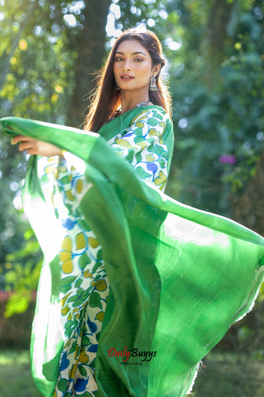 Green Floral Hand Painted  Silk Mark Certified Bishnupuri Silk Sarees