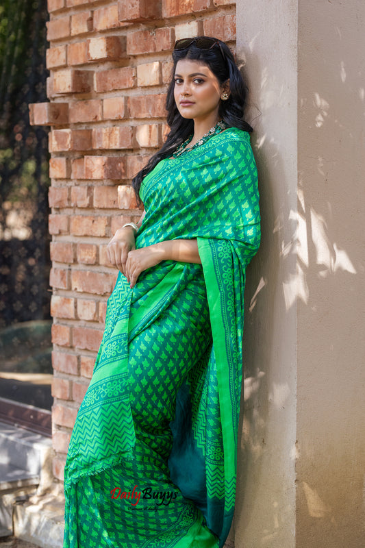 Green Block Printed Silk Mark Certified Bishnupuri Silk Sarees
