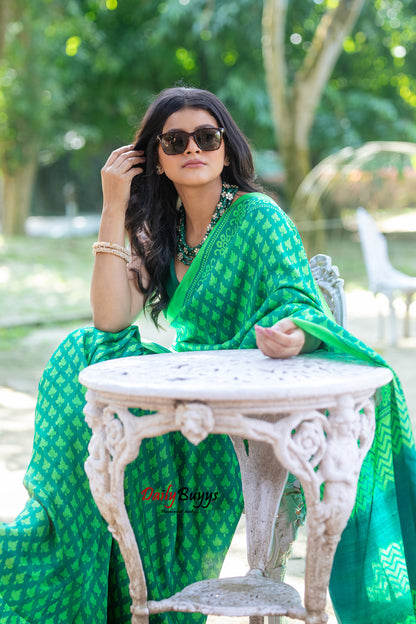 Green Block Printed Silk Mark Certified Bishnupuri Silk Sarees