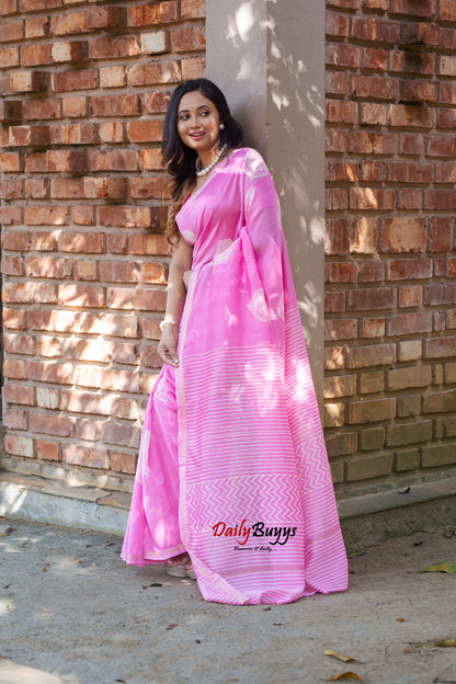 Pink Block Printed Pure Chanderi Silk Sarees