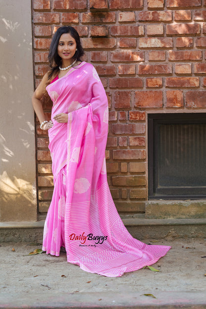 Pink Block Printed Pure Chanderi Silk Sarees