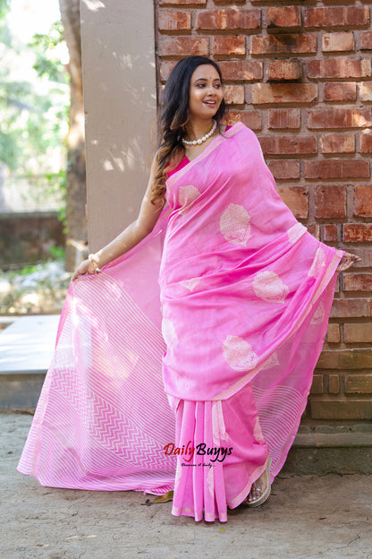 Pink Block Printed Pure Chanderi Silk Sarees