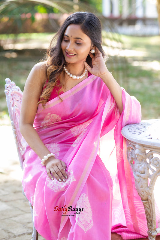 Pink Block Printed Pure Chanderi Silk Sarees