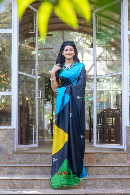 Black Block Printed Silk Mark Certified Bishnupuri Silk Sarees