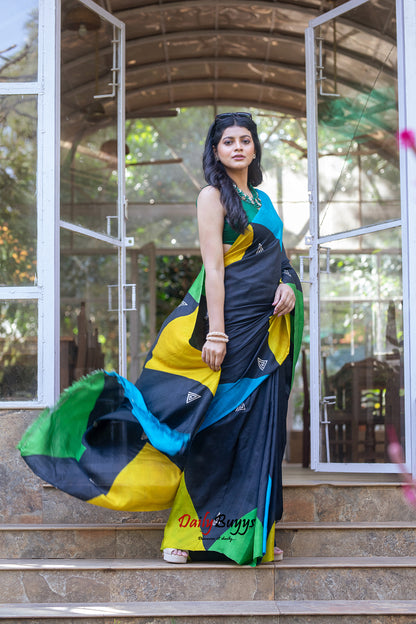 Black Block Printed Silk Mark Certified Bishnupuri Silk Sarees