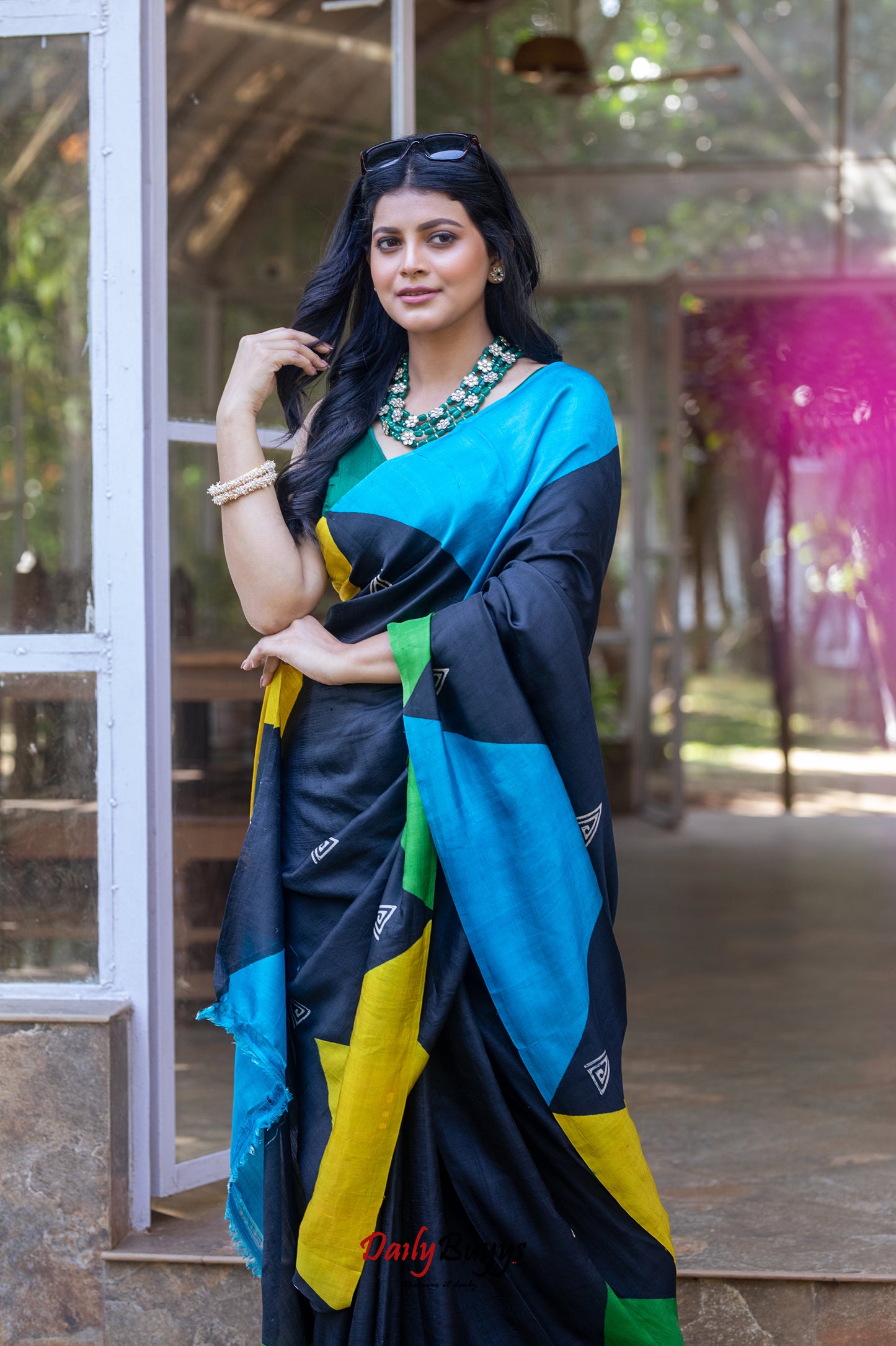 Black Block Printed Silk Mark Certified Bishnupuri Silk Sarees
