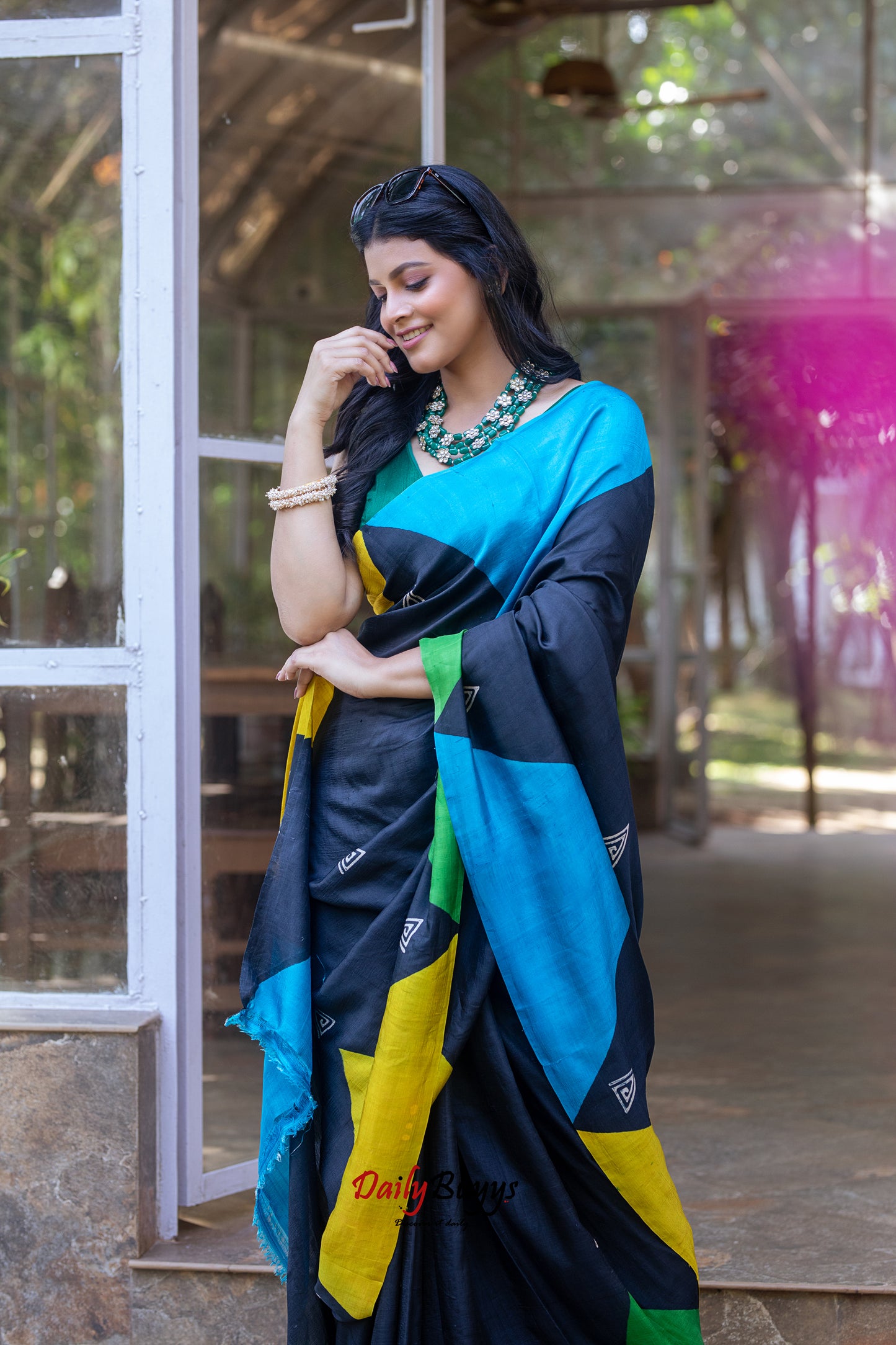 Black Block Printed Silk Mark Certified Bishnupuri Silk Sarees