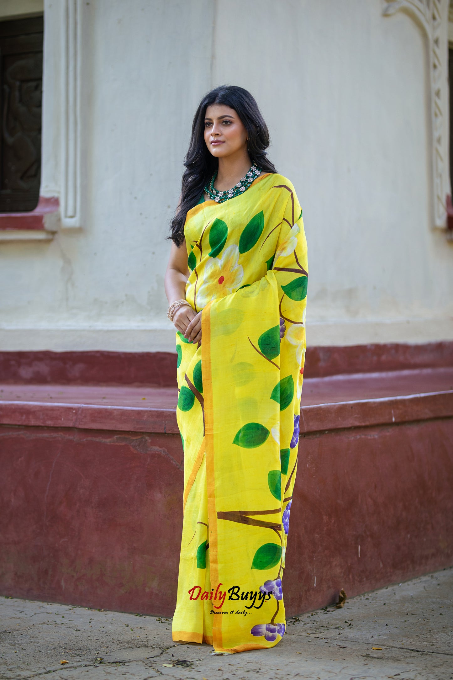 Yellow Floral Hand Painted  Silk Mark Certified Bishnupuri Silk Sarees
