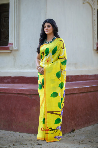 Yellow Floral Hand Painted  Silk Mark Certified Bishnupuri Silk Sarees