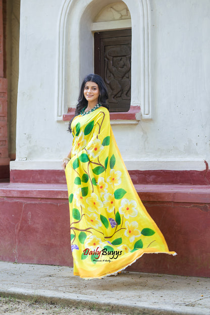Yellow Floral Hand Painted  Silk Mark Certified Bishnupuri Silk Sarees