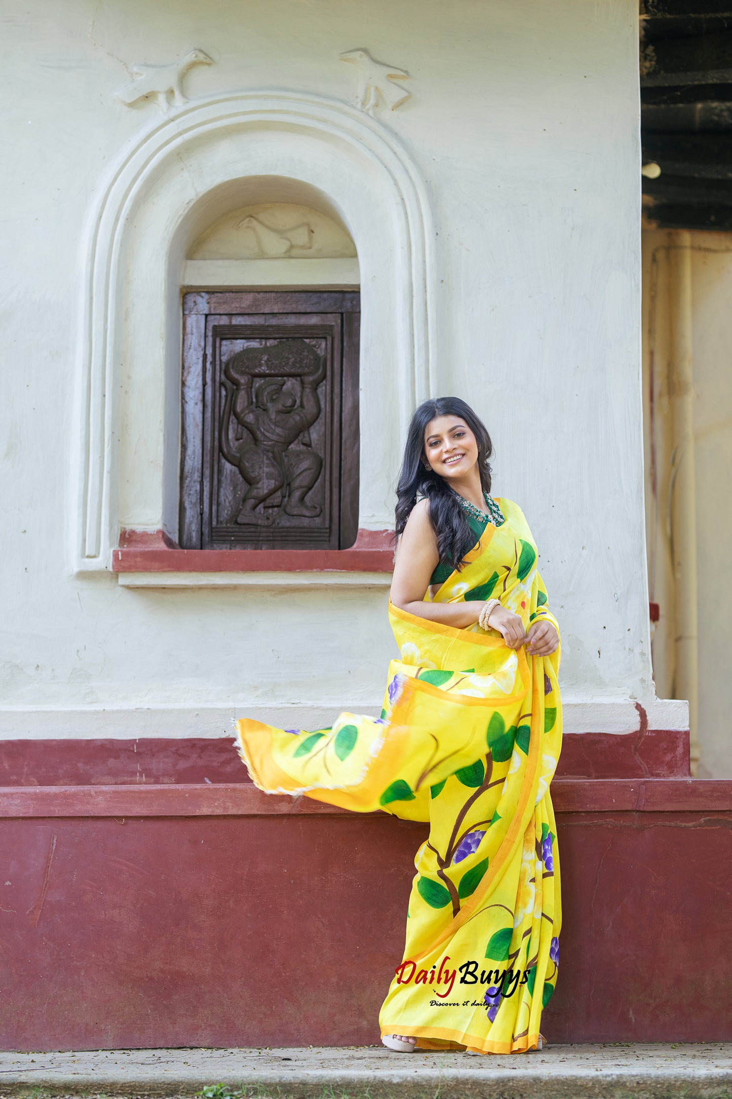 Yellow Floral Hand Painted  Silk Mark Certified Bishnupuri Silk Sarees