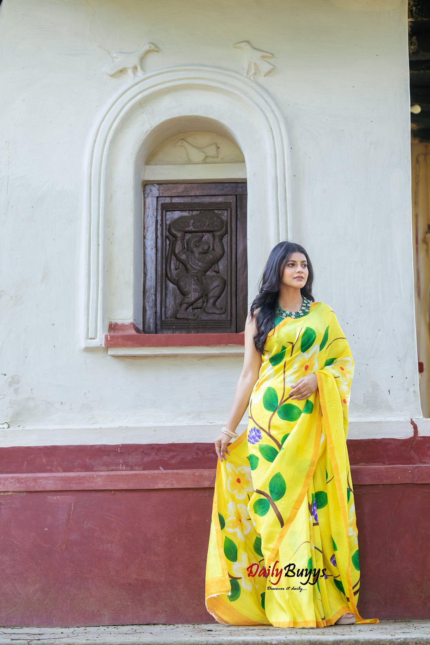 Yellow Floral Hand Painted  Silk Mark Certified Bishnupuri Silk Sarees