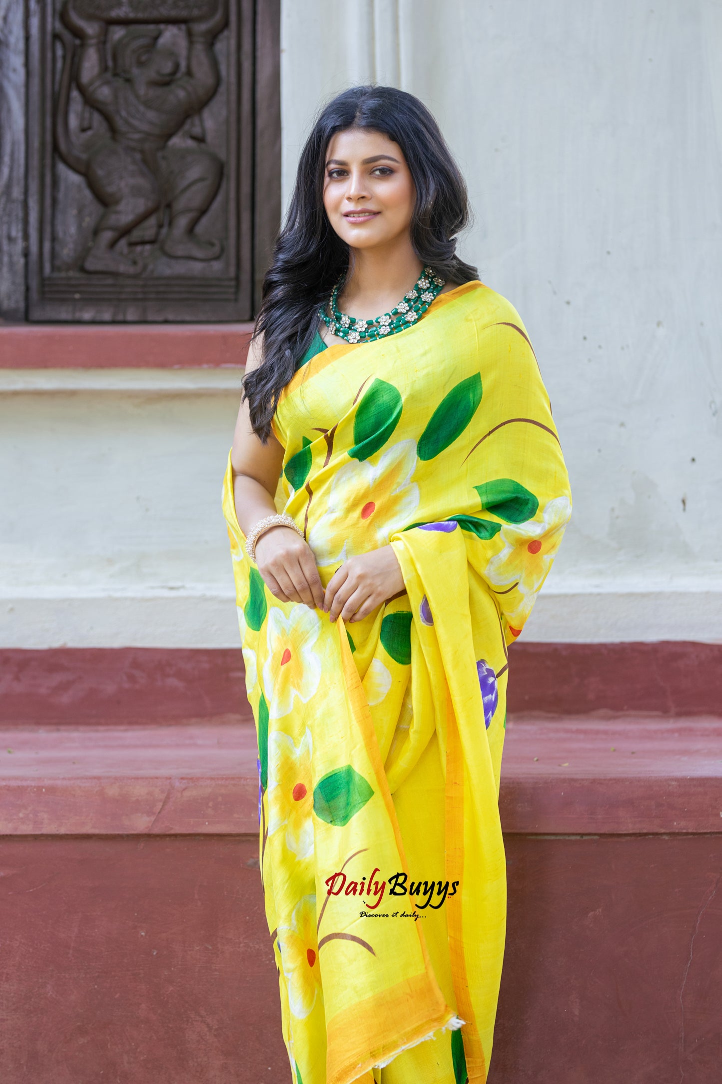 Yellow Floral Hand Painted  Silk Mark Certified Bishnupuri Silk Sarees