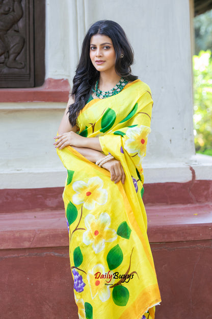 Yellow Floral Hand Painted  Silk Mark Certified Bishnupuri Silk Sarees