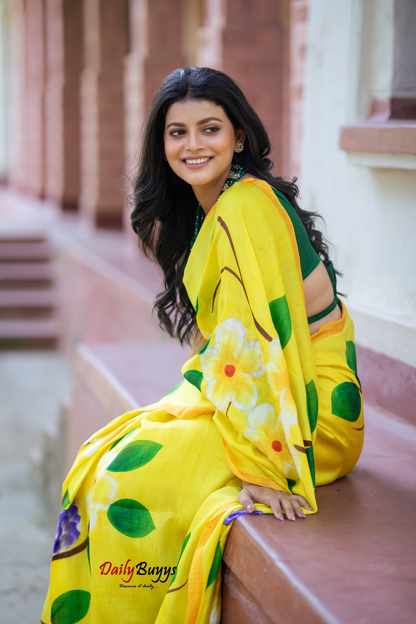 Yellow Floral Hand Painted  Silk Mark Certified Bishnupuri Silk Sarees