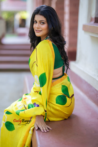 Yellow Floral Hand Painted  Silk Mark Certified Bishnupuri Silk Sarees