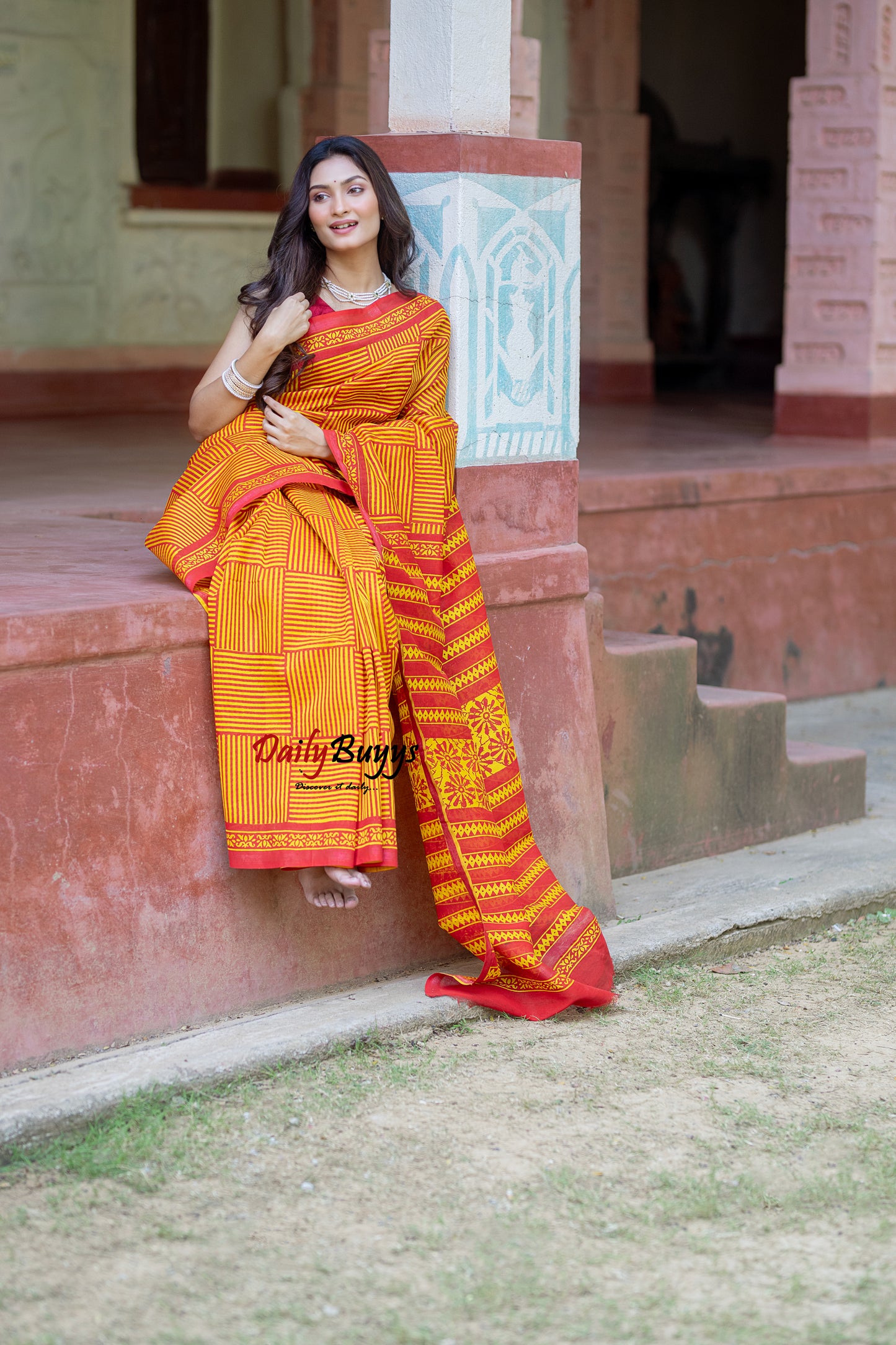 Yellow Red Block Printed Pure Chanderi Silk Sarees