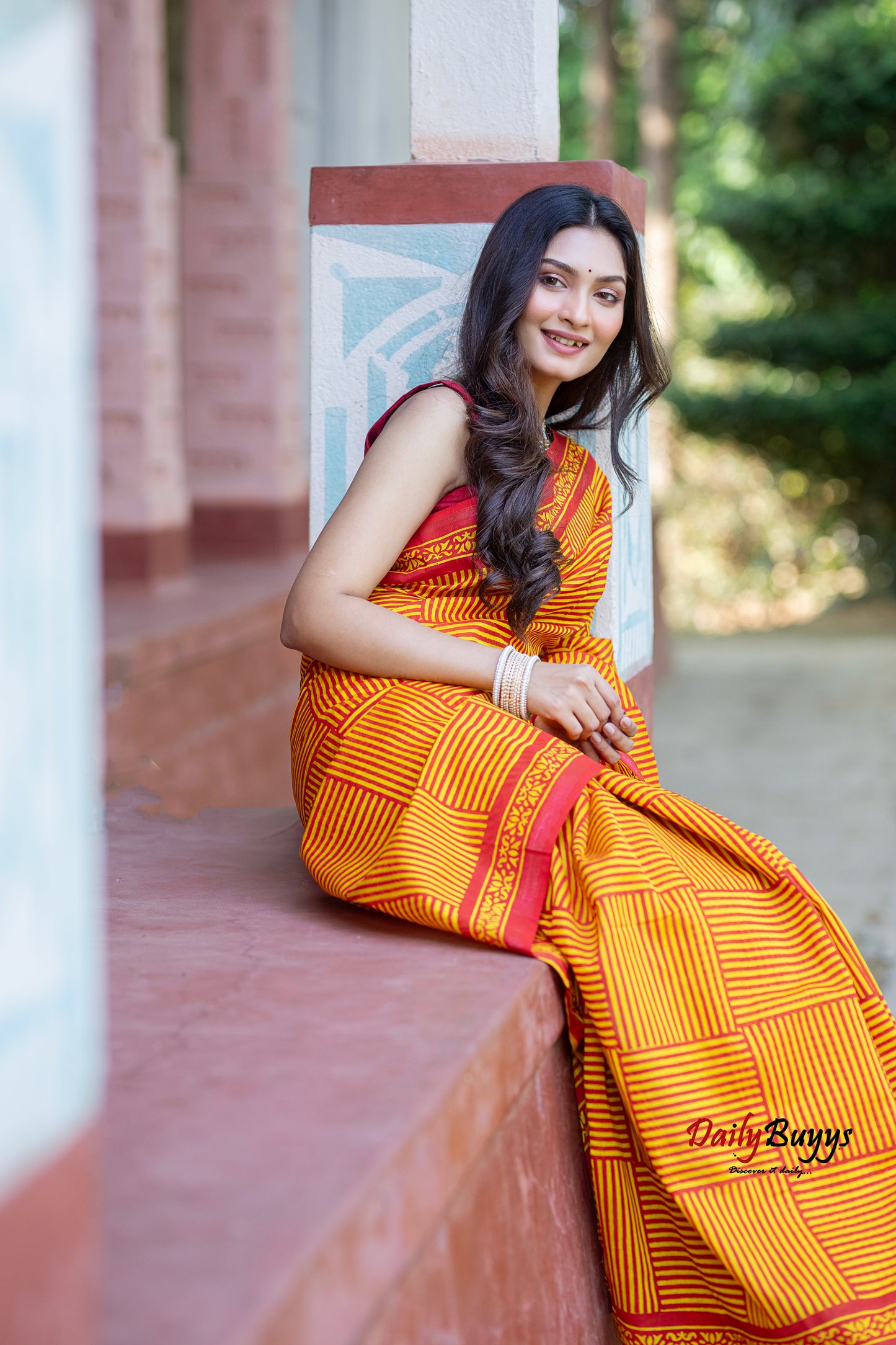 Yellow Red Block Printed Pure Chanderi Silk Sarees