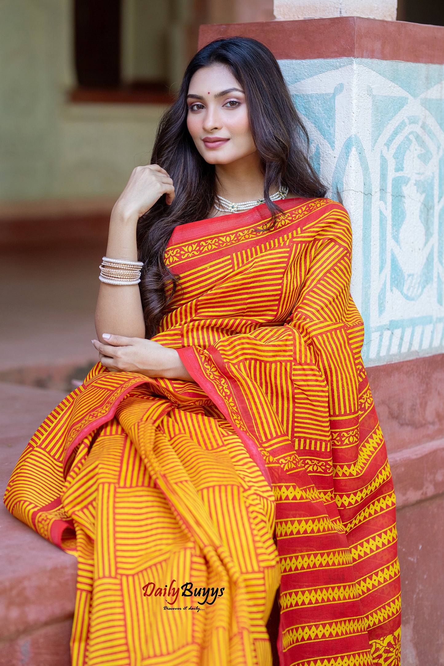 Yellow Red Block Printed Pure Chanderi Silk Sarees