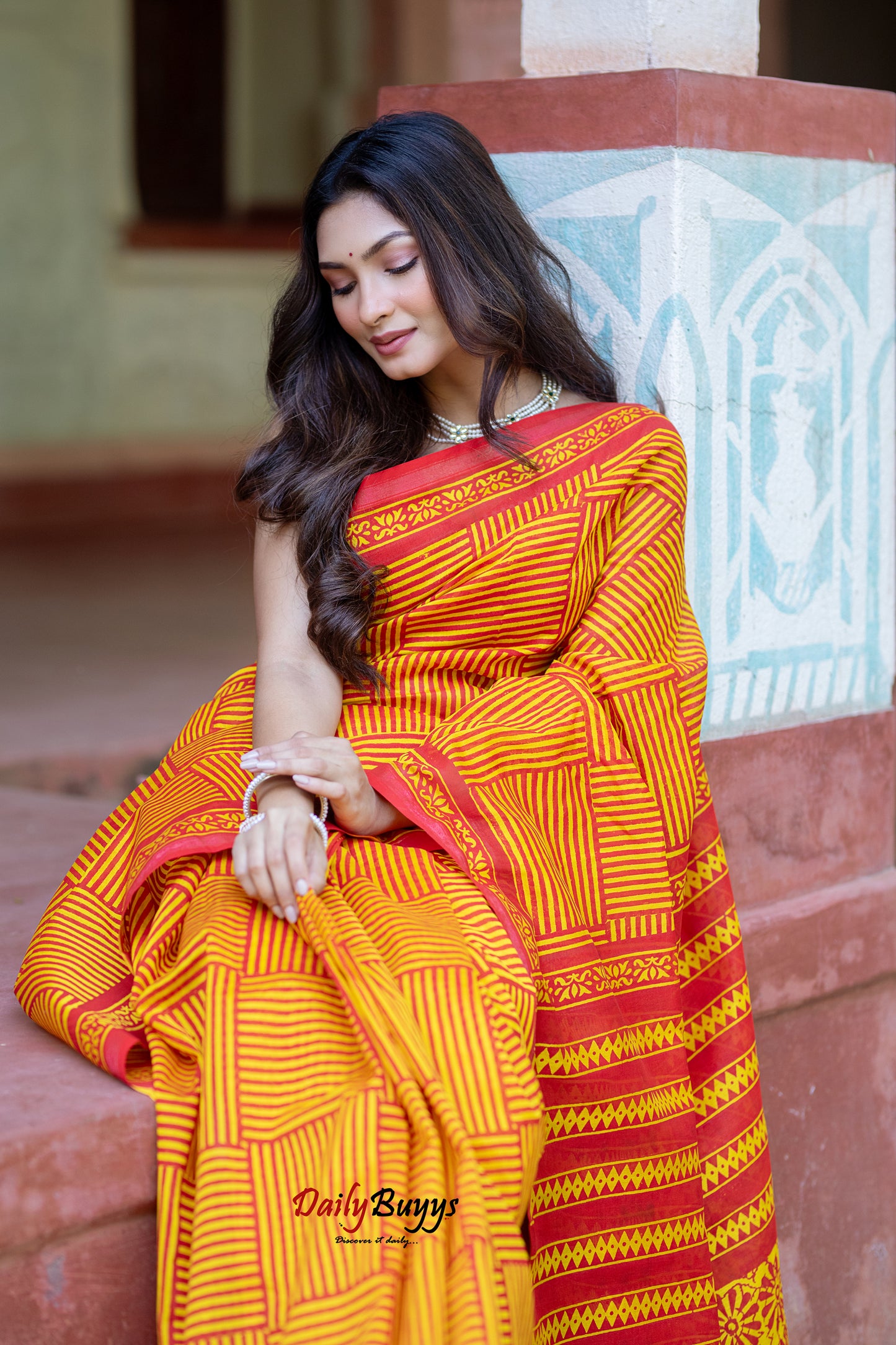 Yellow Red Block Printed Pure Chanderi Silk Sarees