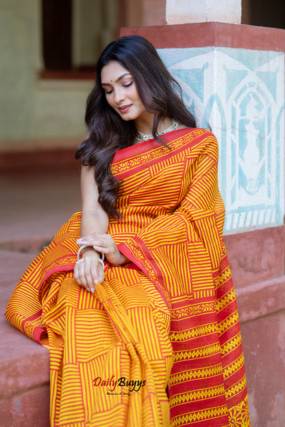 Yellow Red Block Printed Pure Chanderi Silk Sarees