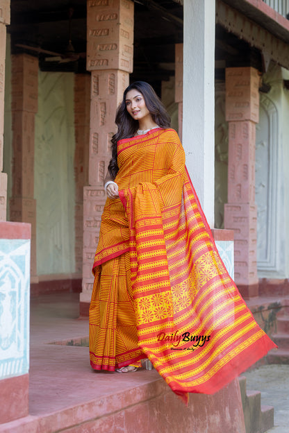 Yellow Red Block Printed Pure Chanderi Silk Sarees