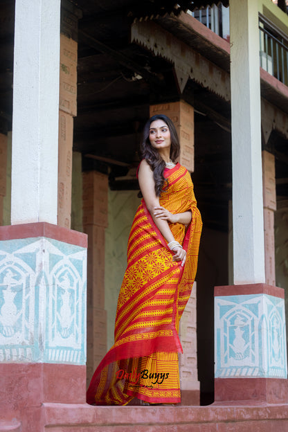 Yellow Red Block Printed Pure Chanderi Silk Sarees