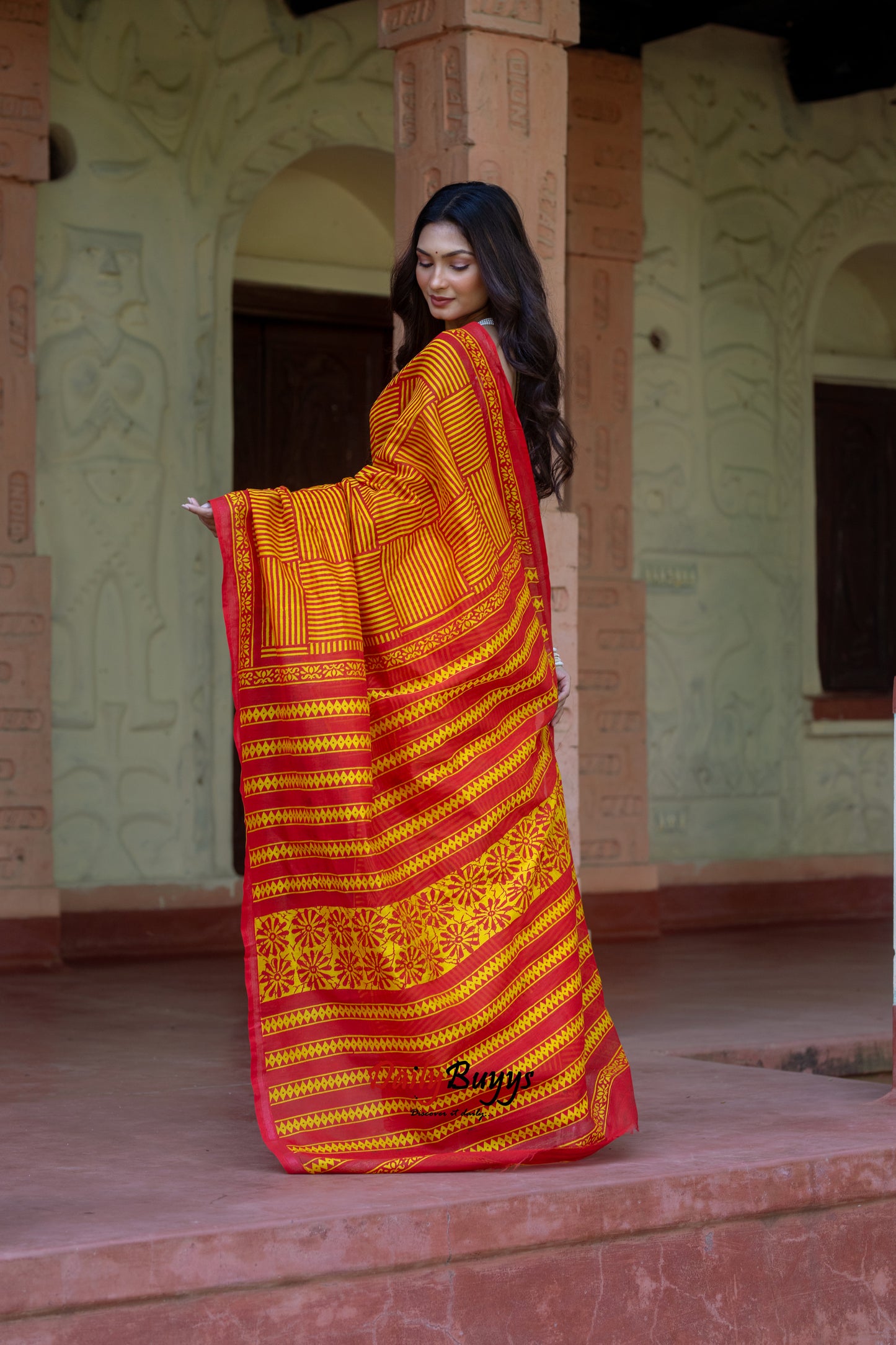 Yellow Red Block Printed Pure Chanderi Silk Sarees