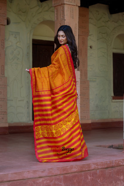 Yellow Red Block Printed Pure Chanderi Silk Sarees
