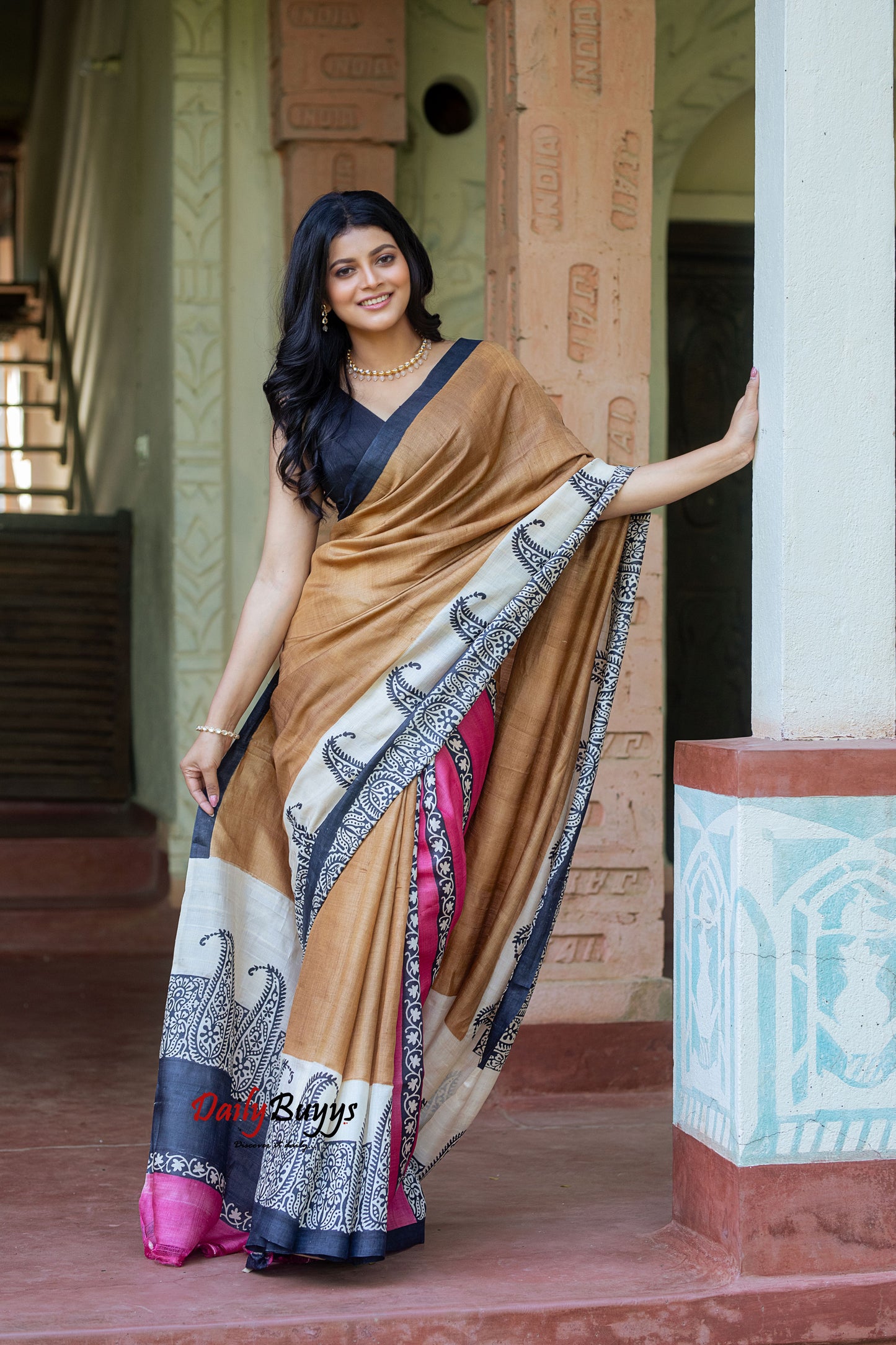 Brown Hand Painted Pure Silk Mark Certified Tussar Silk Sarees
